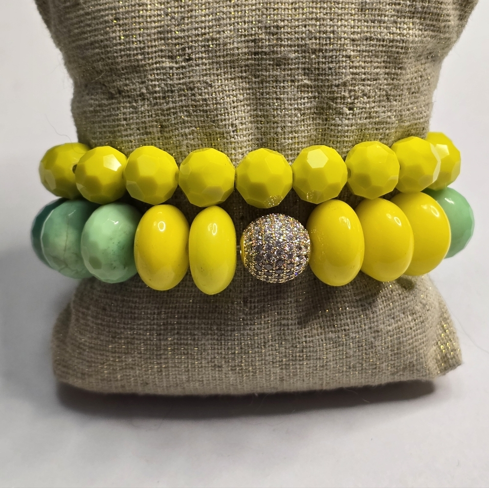 Treska Yellow and Green Faceted Beaded Stretch Bracelet Set‎ New